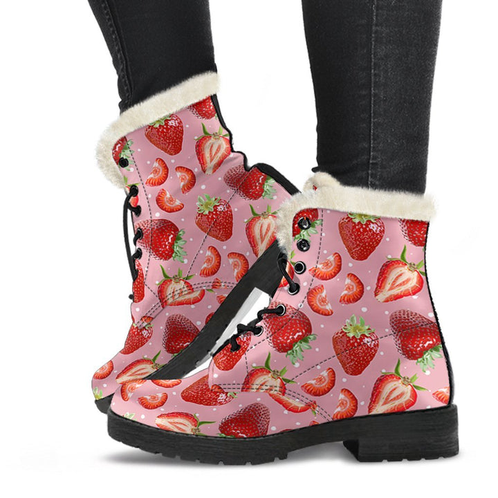 Fresh Pink Strawberry Print Comfy Faux Fur Boots For Winter Season