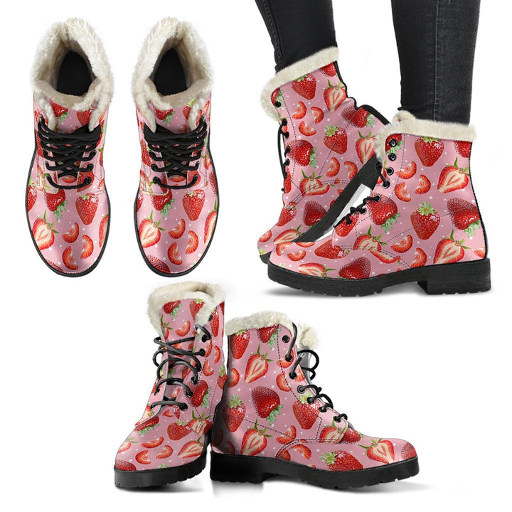 Fresh Pink Strawberry Print Comfy Faux Fur Boots For Winter Season