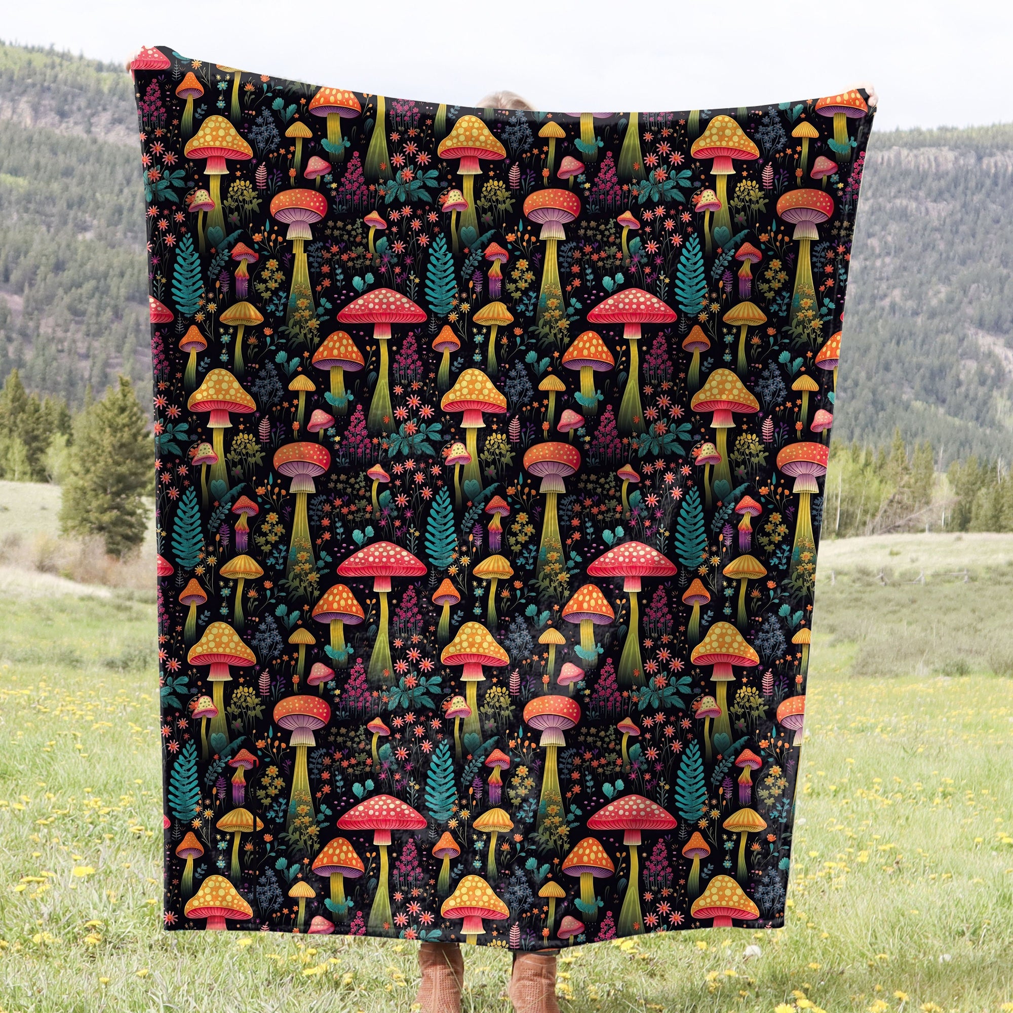 Glowing Mushroom Forest, Floral Cottagecore Fleece Blanket For Hippies