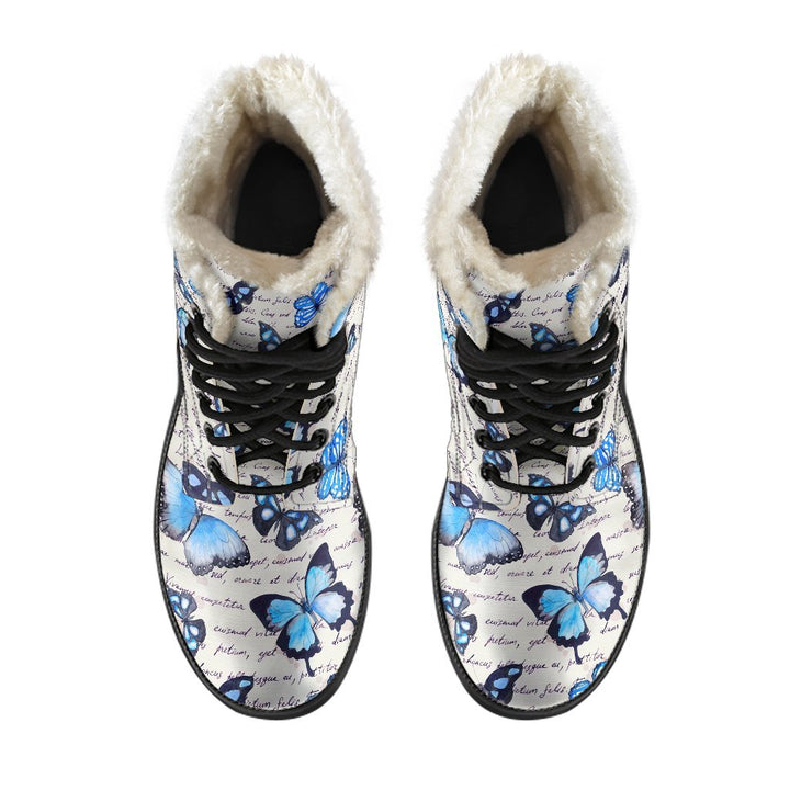 Gothic Blue Butterfly Print Comfy Faux Fur Boots For Winter Season