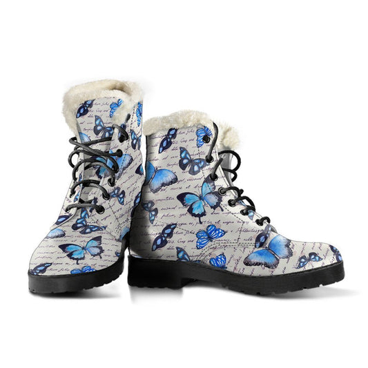 Gothic Blue Butterfly Print Comfy Faux Fur Boots For Winter Season