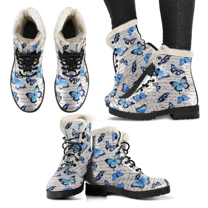 Gothic Blue Butterfly Print Comfy Faux Fur Boots For Winter Season