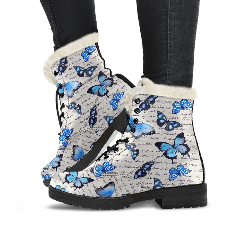 Gothic Blue Butterfly Print Comfy Faux Fur Boots For Winter Season