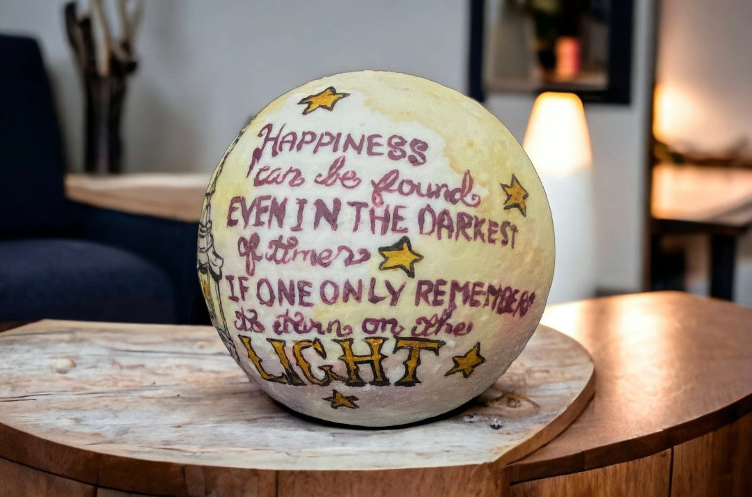 Emerald Blossoms - &quot;Happiness can be found, even in the darkest of times, if one only remembers to turn on the light.&quot; hand painted on moon lamp