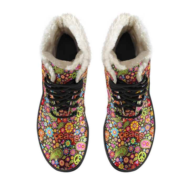 Hippie Paisley Pattern, Flower Power Print Comfy Faux Fur Boots For Winter Season