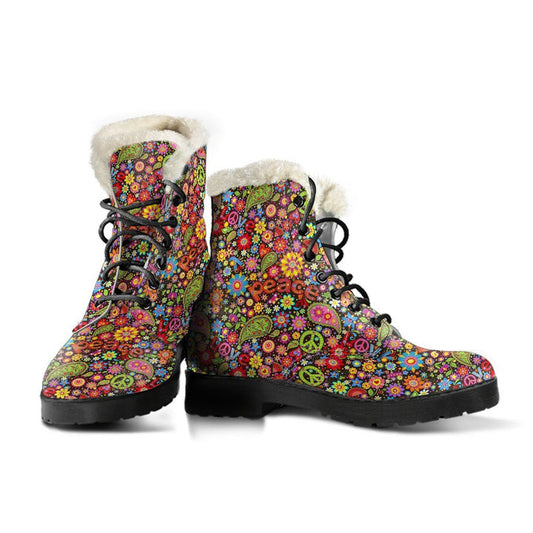 Hippie Paisley Pattern, Flower Power Print Comfy Faux Fur Boots For Winter Season