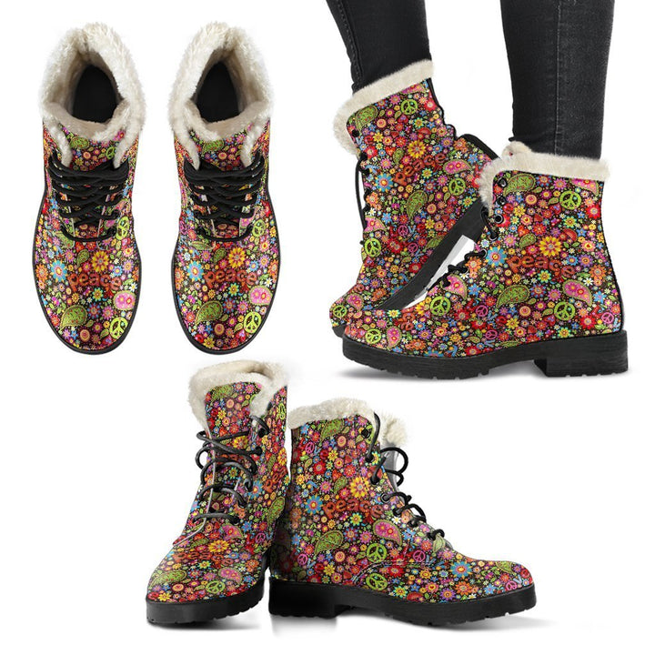 Hippie Paisley Pattern, Flower Power Print Comfy Faux Fur Boots For Winter Season