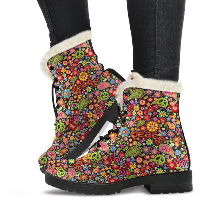 Hippie Paisley Pattern, Flower Power Print Comfy Faux Fur Boots For Winter Season