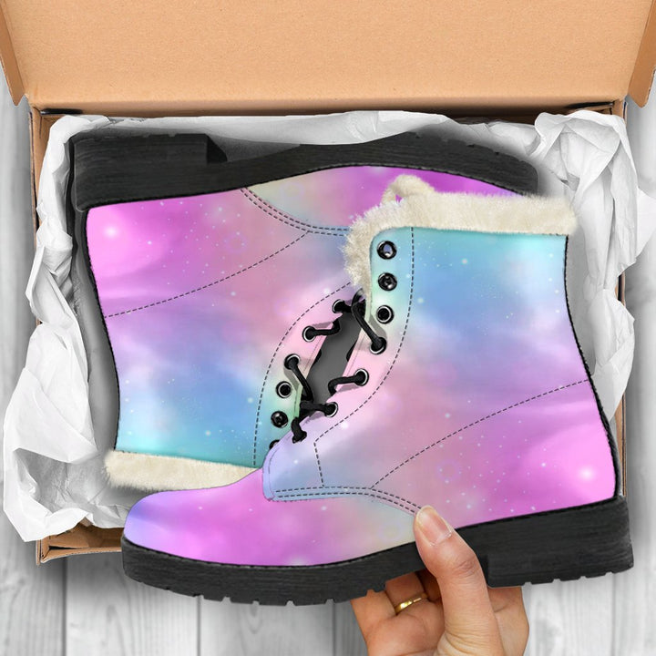 Hologram Rainbow Pattern Print Comfy Faux Fur Boots For Winter Season