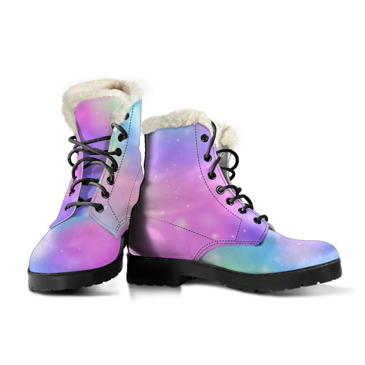 Hologram Rainbow Pattern Print Comfy Faux Fur Boots For Winter Season