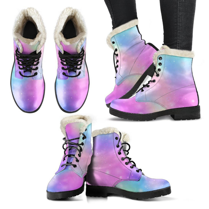 Hologram Rainbow Pattern Print Comfy Faux Fur Boots For Winter Season