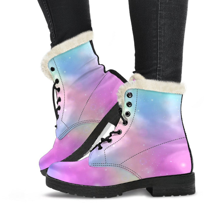 Hologram Rainbow Pattern Print Comfy Faux Fur Boots For Winter Season