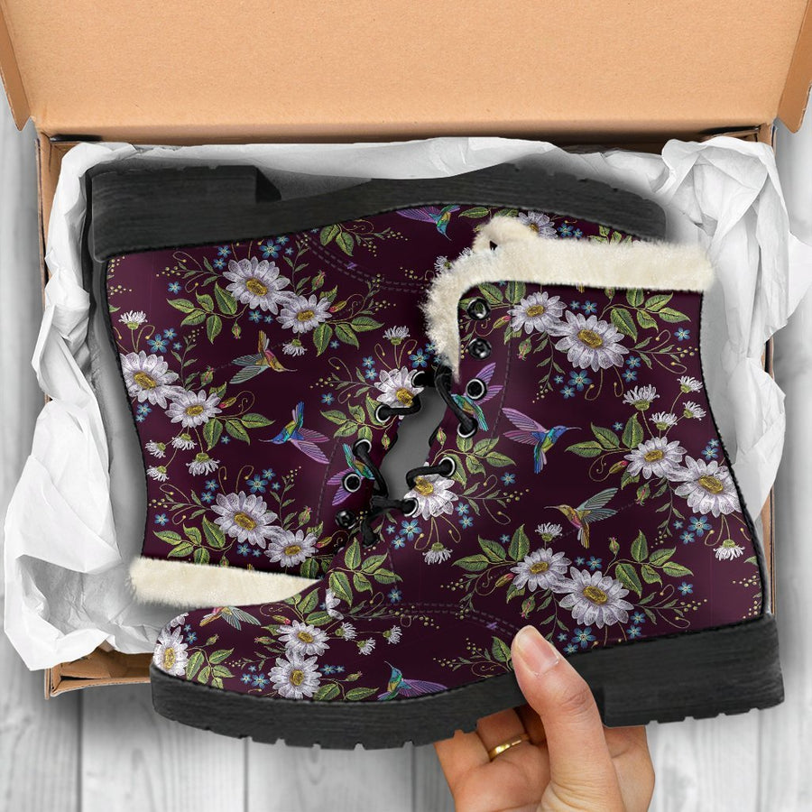 Hummingbird White Daisy Pattern Print Comfy Casual Boots For Winter Season