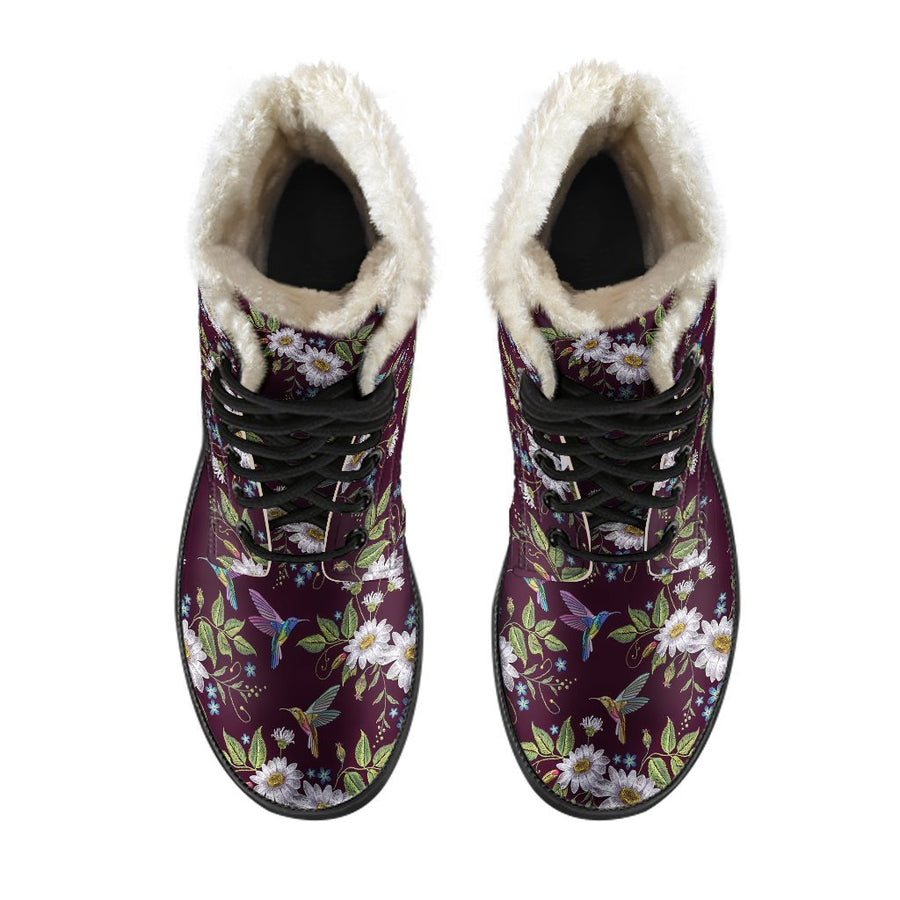 Hummingbird White Daisy Pattern Print Comfy Casual Boots For Winter Season