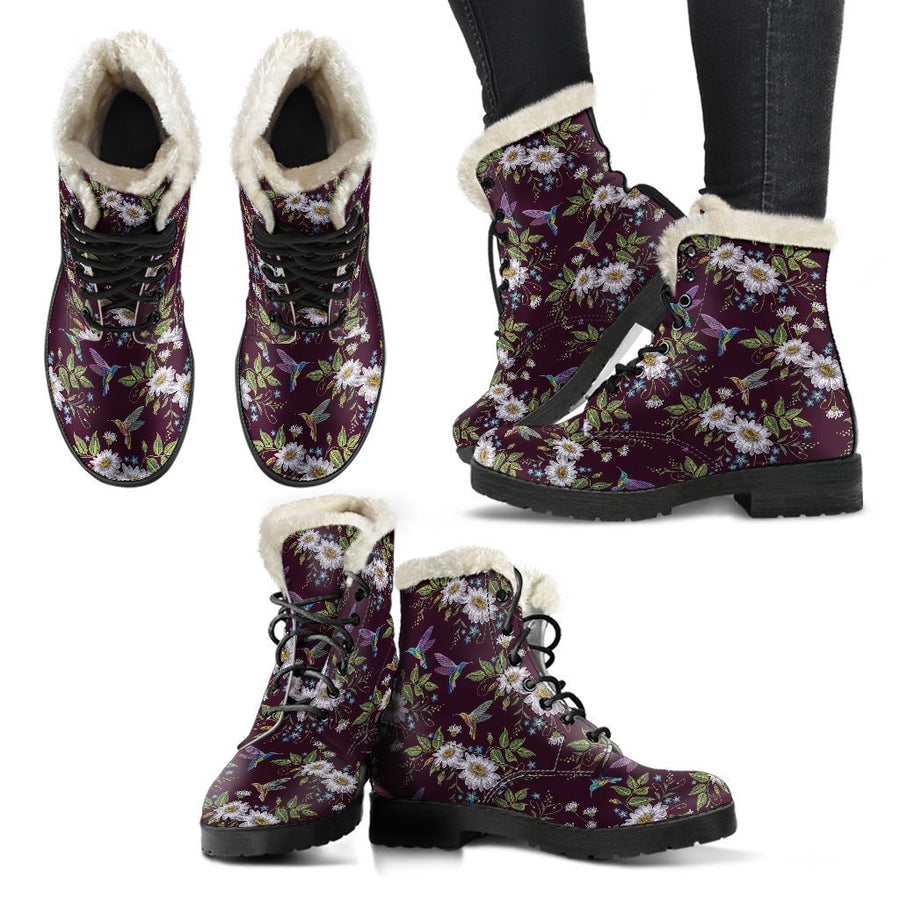 Hummingbird White Daisy Pattern Print Comfy Casual Boots For Winter Season