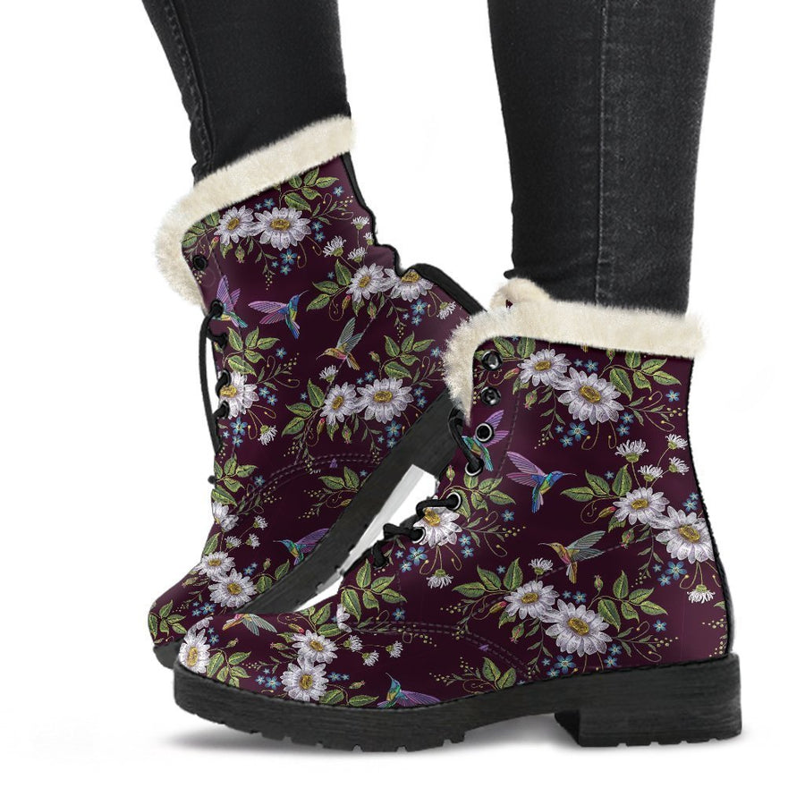 Hummingbird White Daisy Pattern Print Comfy Casual Boots For Winter Season