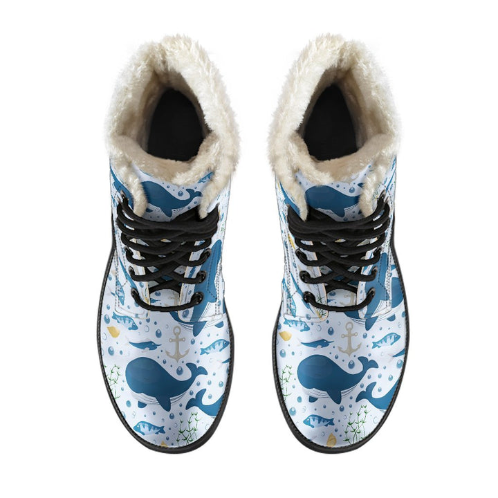 Humpback Whale, Blue Ocean Pattern Print Comfy Faux Fur Boots For Winter Season