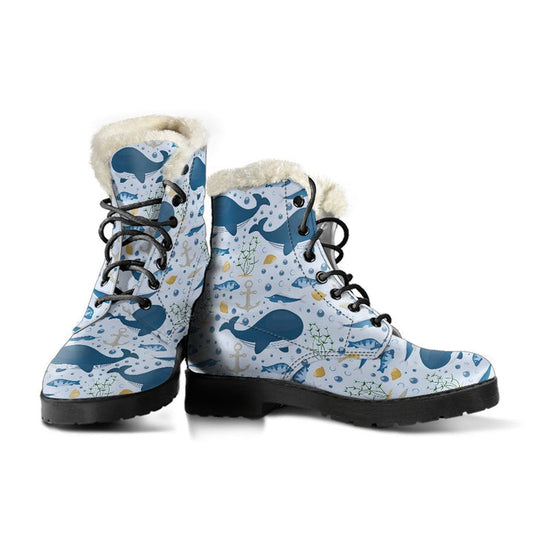 Humpback Whale, Blue Ocean Pattern Print Comfy Faux Fur Boots For Winter Season