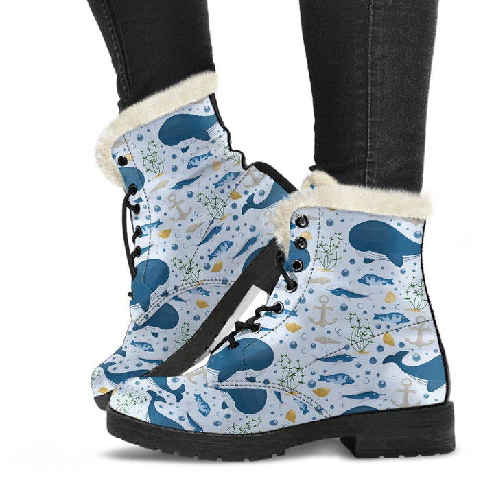 Humpback Whale, Blue Ocean Pattern Print Comfy Faux Fur Boots For Winter Season