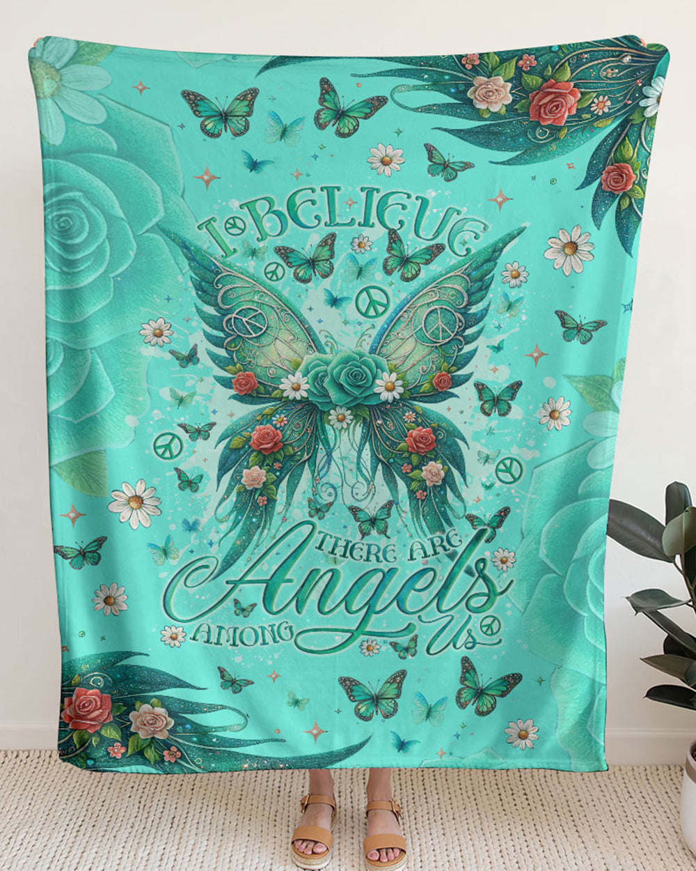 Emerald Blossoms - I Believe There Are Angles Among Us Fleece Blanket For Hippies