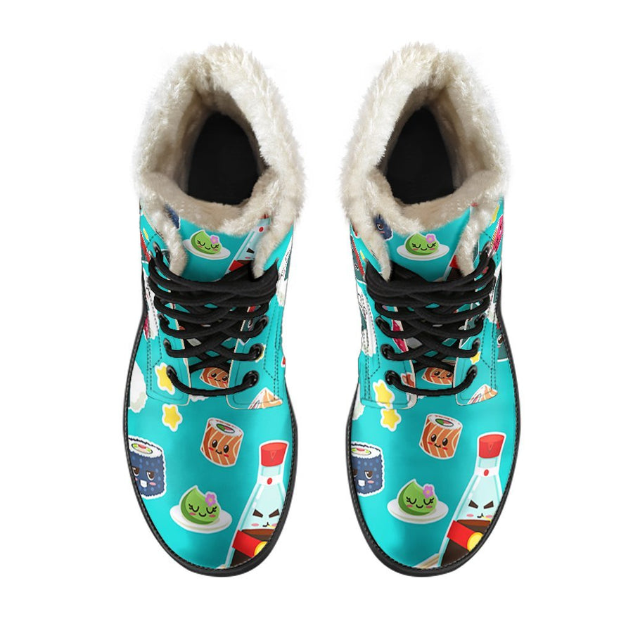 Japanese Sushi Print Comfy Faux Fur Boots For Winter Season