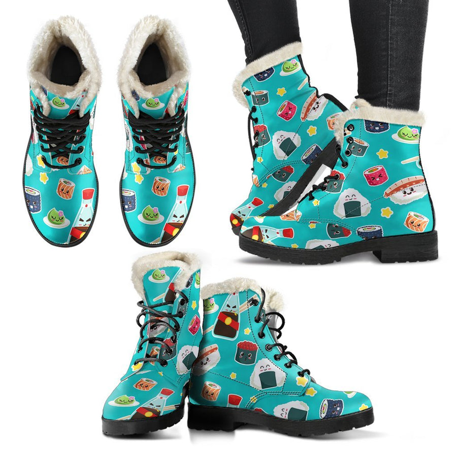 Japanese Sushi Print Comfy Faux Fur Boots For Winter Season