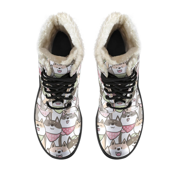 Kawaii Shiba Innu Dog Cartoon Pattern Print Comfy Faux Fur Boots For Winter Season