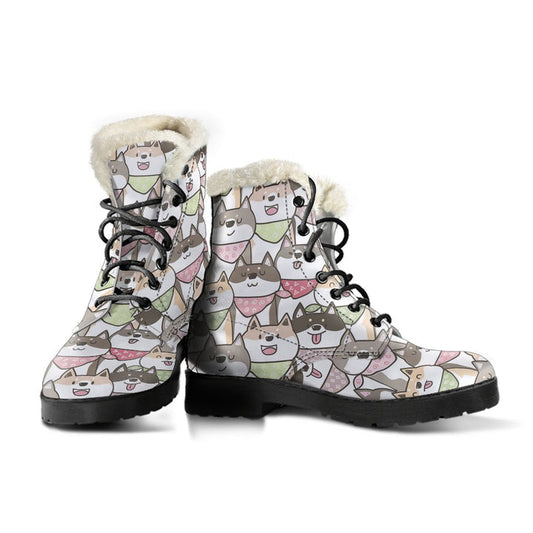 Kawaii Shiba Innu Dog Cartoon Pattern Print Comfy Faux Fur Boots For Winter Season