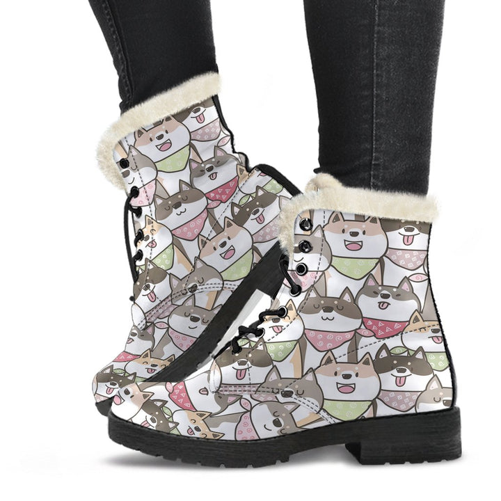 Kawaii Shiba Innu Dog Cartoon Pattern Print Comfy Faux Fur Boots For Winter Season