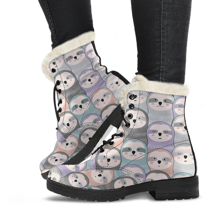 Kawaii Sloth Cartoon Pattern Print Comfy Faux Fur Boots For Winter Season