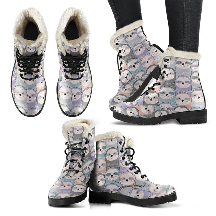 Kawaii Sloth Cartoon Pattern Print Comfy Faux Fur Boots For Winter Season