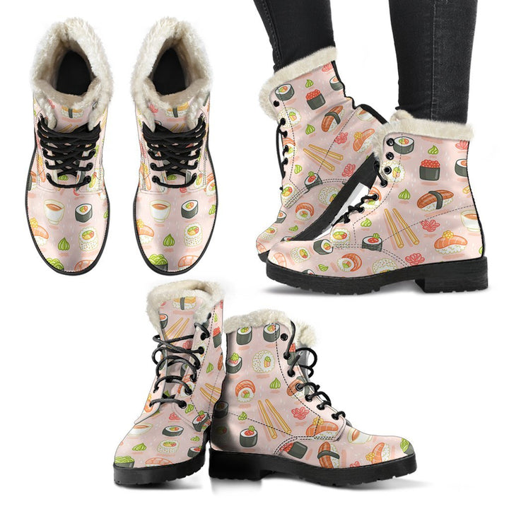 Kawaii Sushi, Japanese Food Print Comfy Faux Fur Boots For Winter Season