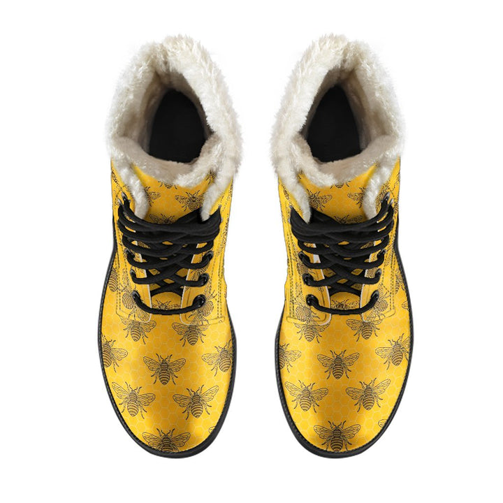 Monogram Bee Pattern Yellow Print Comfy Faux Fur Boots For Winter Season