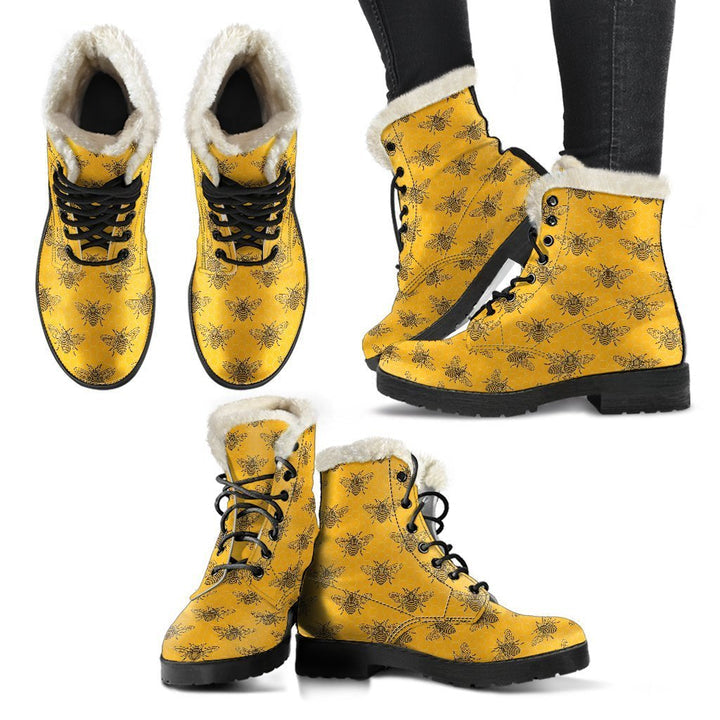 Monogram Bee Pattern Yellow Print Comfy Faux Fur Boots For Winter Season