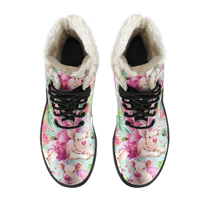 Pink Peony Flowers Pattern Print Comfy Faux Fur Boots For Winter Season