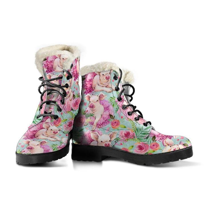 Pink Peony Flowers Pattern Print Comfy Faux Fur Boots For Winter Season