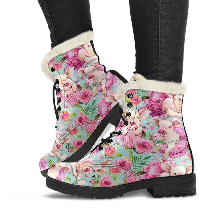 Pink Peony Flowers Pattern Print Comfy Faux Fur Boots For Winter Season