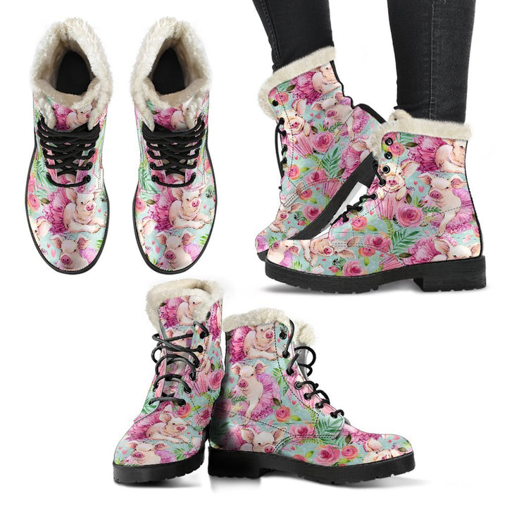 Pink Peony Flowers Pattern Print Comfy Faux Fur Boots For Winter Season