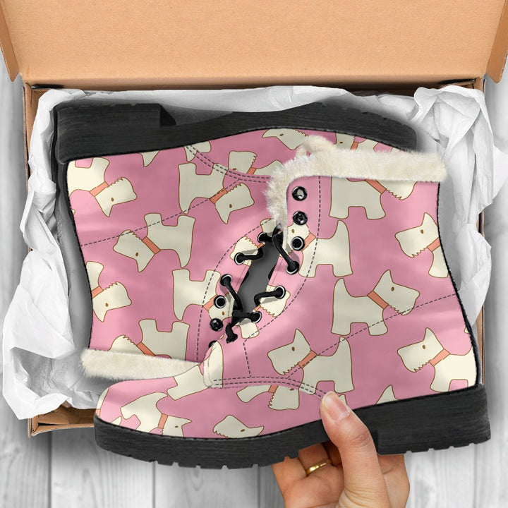 Pink Westie Dog Pattern Print Comfy Faux Fur Boots For Winter Season