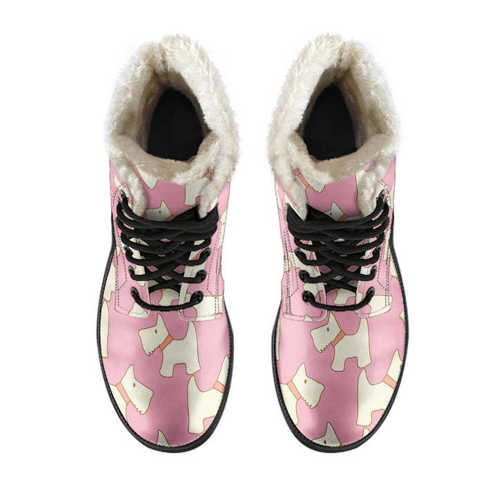 Pink Westie Dog Pattern Print Comfy Faux Fur Boots For Winter Season