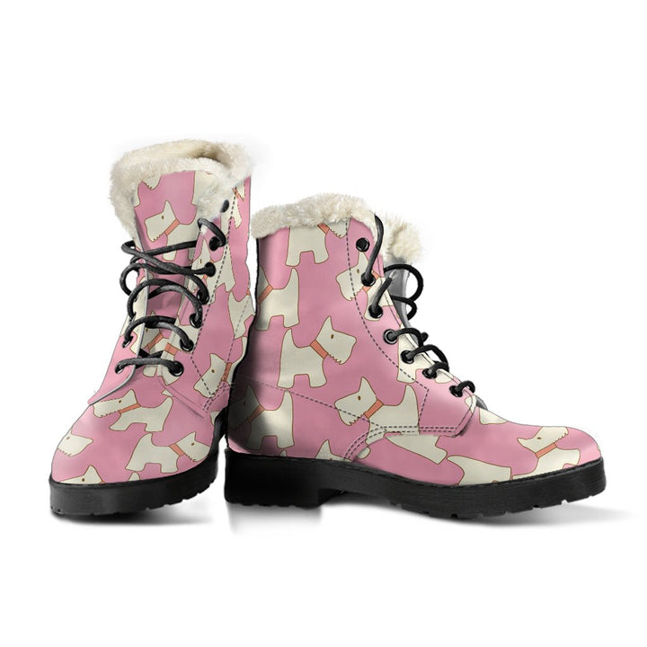 Pink Westie Dog Pattern Print Comfy Faux Fur Boots For Winter Season