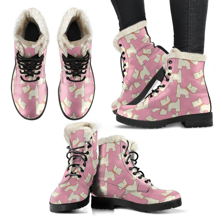 Pink Westie Dog Pattern Print Comfy Faux Fur Boots For Winter Season