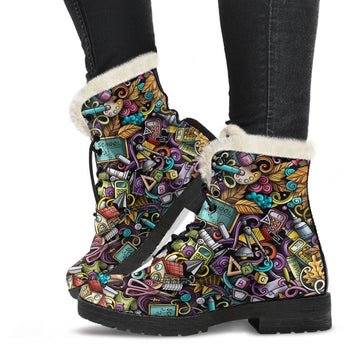 Psychedelic Classroom Print Comfy Faux Fur Boots For Winter Season