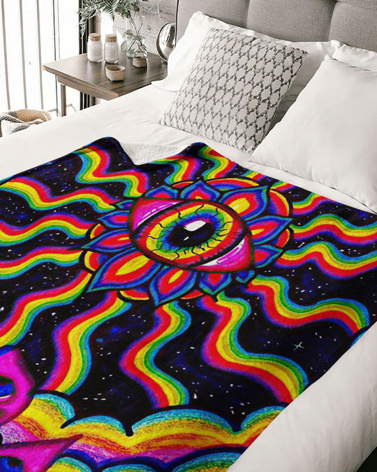 Emerald Blossoms - Psychedelic Rainbow Mushroom Fleece Blanket For Hippies