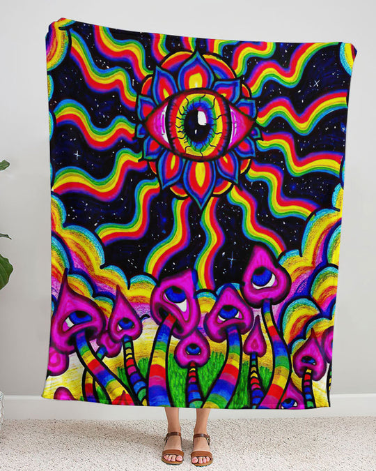 Emerald Blossoms - Psychedelic Rainbow Mushroom Fleece Blanket For Hippies