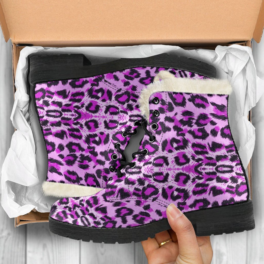 Purple Cheetal Leopard Pattern Print Comfy Faux Fur Boots For Winter Season