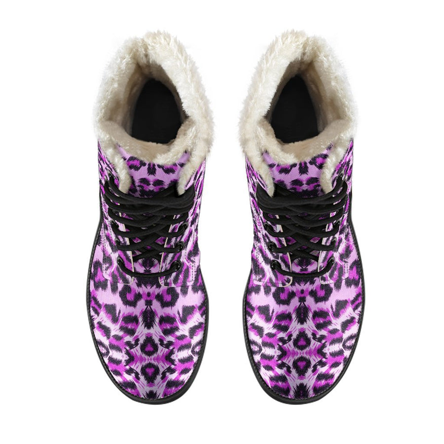 Purple Cheetal Leopard Pattern Print Comfy Faux Fur Boots For Winter Season