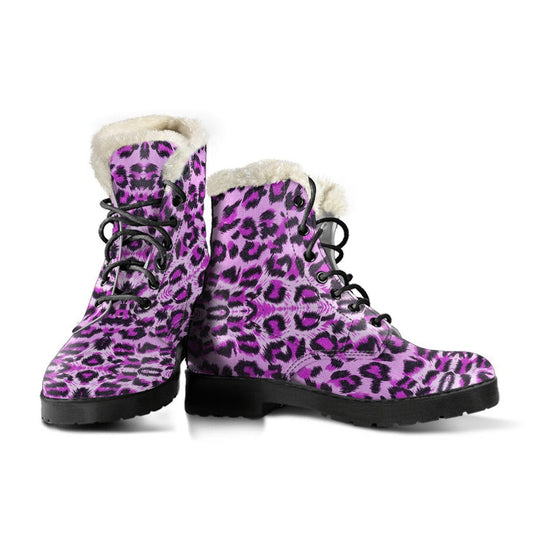 Purple Cheetal Leopard Pattern Print Comfy Faux Fur Boots For Winter Season