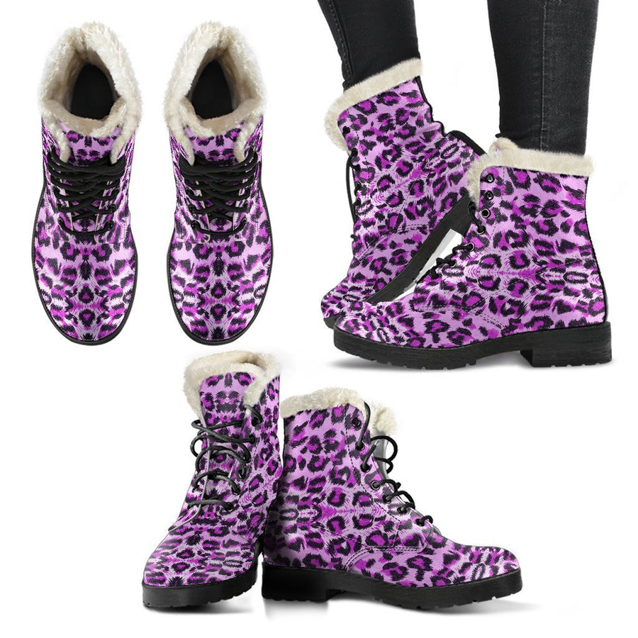 Purple Cheetal Leopard Pattern Print Comfy Faux Fur Boots For Winter Season