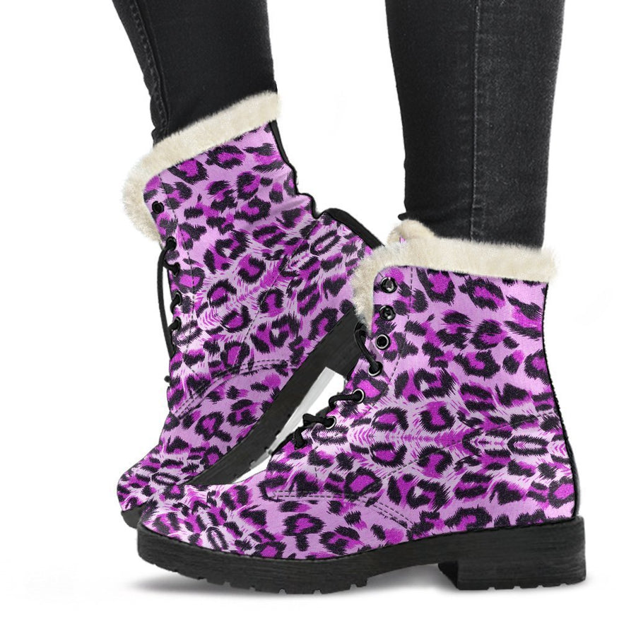 Purple Cheetal Leopard Pattern Print Comfy Faux Fur Boots For Winter Season